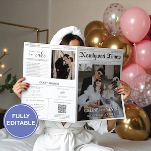 Può includere: Una persona tiene in mano un annuncio di matrimonio in stile giornale intitolato "Newlywed Times". L'annuncio presenta foto della coppia, "Celine & Kevin", e dettagli del matrimonio. Un gruppo di palloncini rosa e oro è sullo sfondo.