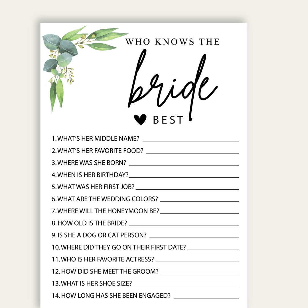 Who Knows the Bride Best Bridal Shower Game, Instant Download Bridal ...