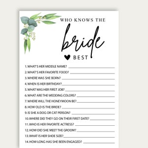 Who Knows The Bride Best Bridal Shower Game, Instant Download Bridal Shower Games, Printable Game Cards, How Well Do You Know The Bride, 220
