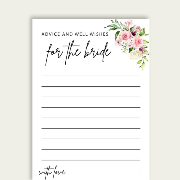 Floral Bridal Shower Card, Printable Advice Sign Card, Advice And Wishes Cards For The Bride And Groom,Bridal Shower Advice Notecards 230