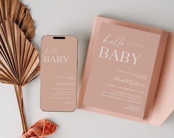 Baby shower électronique fille, modèle d'invitation numérique modifiable, modèle d'invitation texte baby shower, téléphone portable Hello Baby, YD KA 80