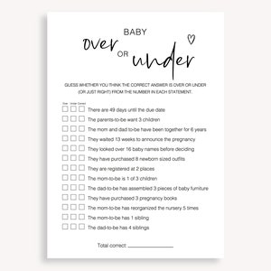 Printable Minimalist Baby Shower Game, Over Or Under Trivia Game, Over or Under Baby Shower Game, Modern Baby Shower, Gender Neutral, 10 FG