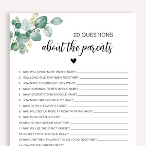 May include: A printable baby shower game with 20 questions about the parents. The questions are written in black text on a white background with a green and white floral design at the top.