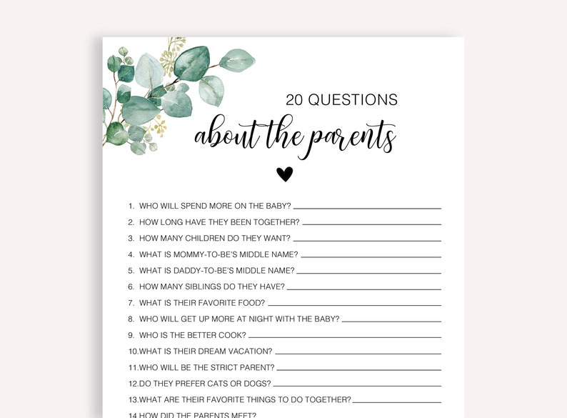May include: A printable baby shower game with 20 questions about the parents. The questions are written in black text on a white background with a green and white floral design at the top.