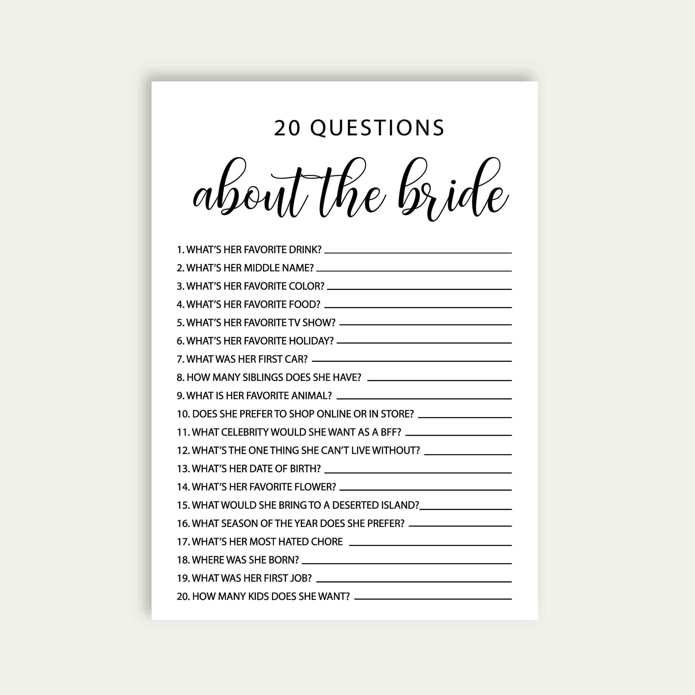 20 preguntas sobre la novia Juego de despedida de soltera, Juegos  minimalistas de despedida de soltera, Preguntas sobre la novia, Quién conoce  mejor a la novia, 210 - Etsy México, image size:2697x2697