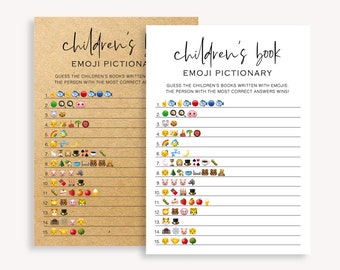 Children&#39;s Book Emoji Pictionary Game, Minimalist Baby Shower Game, Baby Shower Emoji Picture Game, Modern Baby Shower Game, Instant, 10 FG