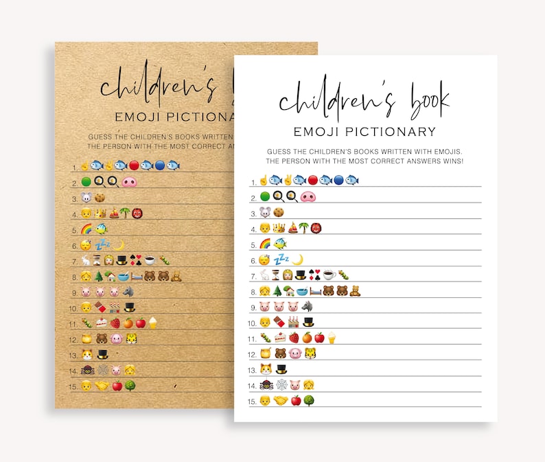 May include: Two printable game cards with instructions to guess children's books written using emojis. The cards are white and brown with black text. The emojis are in black and white.