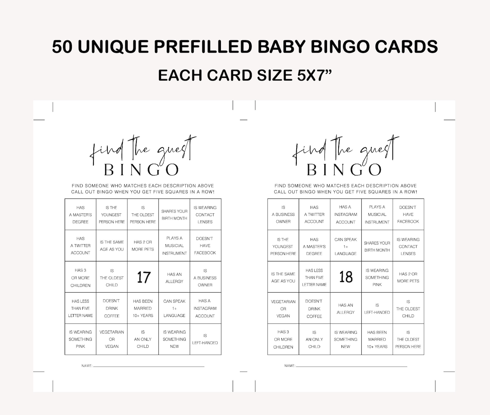 50 Baby Shower Bingo Cards Find the Guest 50 Unique Etsy