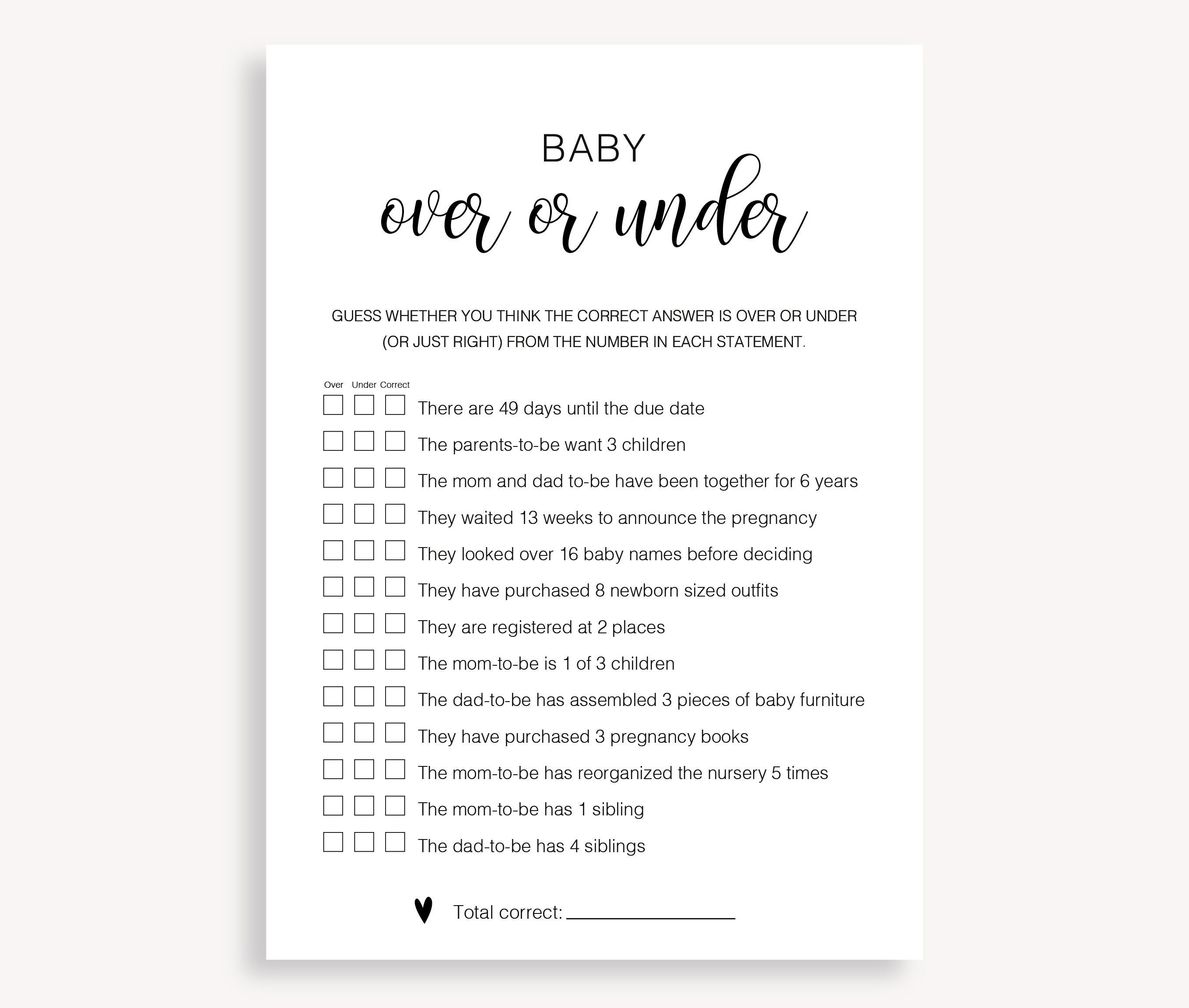 Over or Under Baby Shower Game, Modern Baby Shower, Gender Neutral, Printable Minimalist Baby Shower Game, Over Or Under Trivia Game, 10 FM
