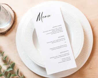 Modern script bruiloft dinermenu, bewerkbare receptie dinermenusjabloon, minimalistische bruiloft menusjabloon, eenvoudig bruiloftsmenu MN KA 11