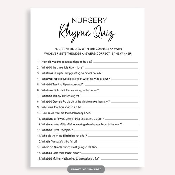 Nursery Rhyme Quiz Baby Shower Game, Nursery Rhymes Game, Fun Baby Shower Activity, Baby Shower Game Ideas, Icebreaker Baby Shower, 10 FF