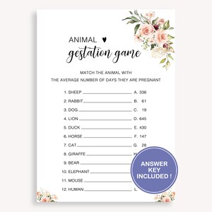 Animal Gestation Baby Shower Game, Animal Pregnancy Game, Animal Pregnancy Gestation Game, Baby Shower Quiz, Printable Gestation, 30 FM R