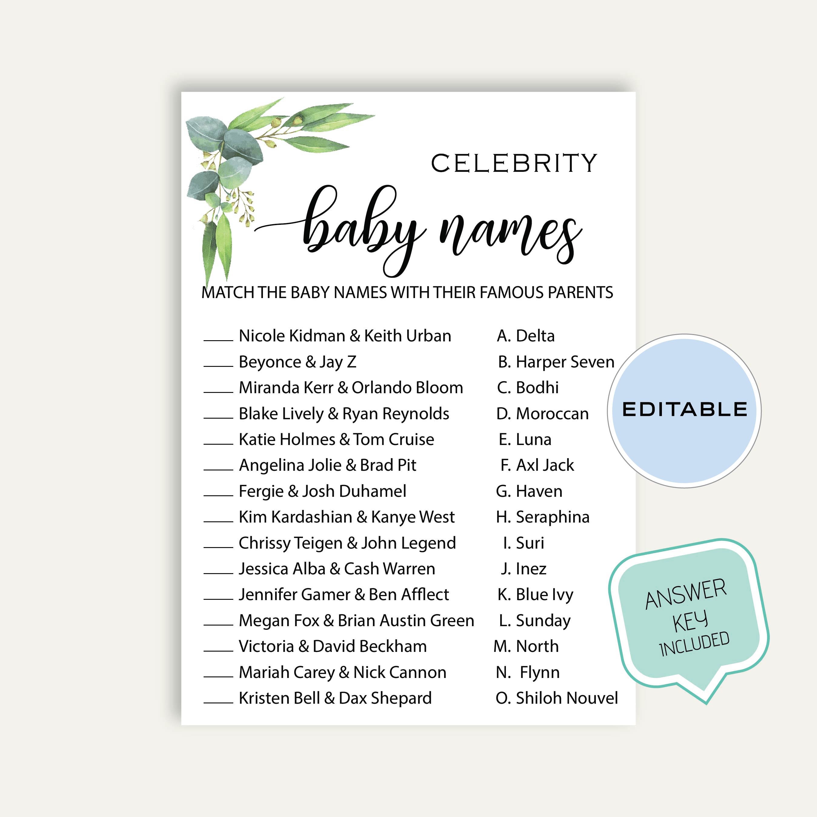 Celebrity Baby Names Baby Shower Game Celebrity Name Baby Etsy UK