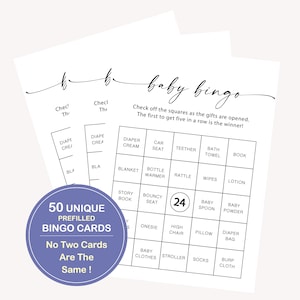 50 unieke bingokaarten, bingospel babyshower, 50 vooraf ingevulde bingokaarten babyshower, vooraf gevulde babybingospelkaarten, bingo cadeau baby, 10 FA
