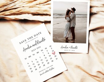 May include: Save the date card with a calendar for July 2022, with a red heart marking July 17th. The card also includes the names Amelia and Renato, and the text "Brooklyn, New York" and "formal invitation to follow". A separate photo card shows a couple on a beach with the text "Amelia + Renato" and "July 17, 2022".