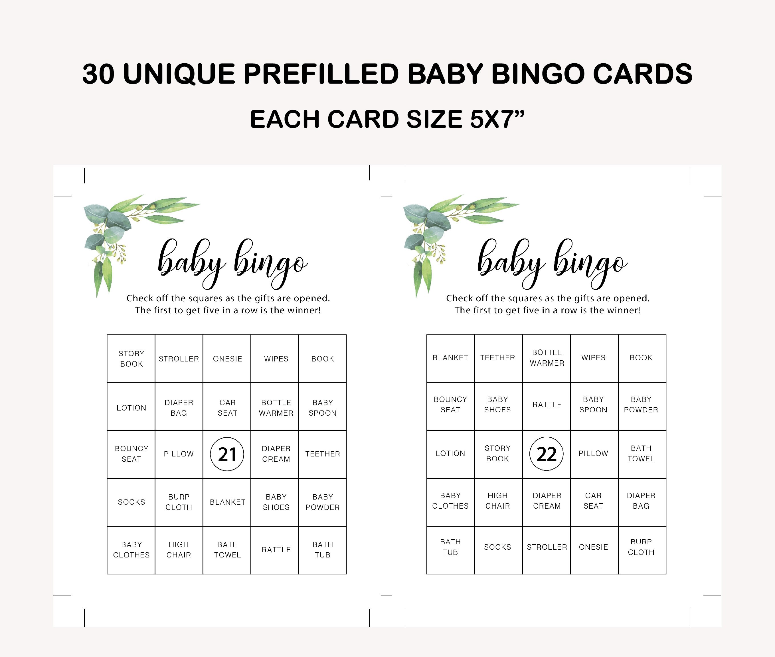 Prefilled Baby Bingo Game Cards 30 Unique Bingo Cards Baby Etsy
