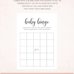 May include: A printable baby bingo card with a 5x5 grid. The center square says "free". The text at the top says "baby bingo" and includes instructions to check off the squares as gifts are opened. The first person to get five in a row wins.