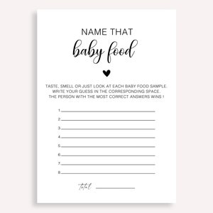 Name, dass Baby-Nahrung Baby-Dusche-Spiel, Baby-Nahrung Tippspiel, Minimalistische Baby-Nahrung Spiel, Duschaktivität, Errate die Baby-Nahrung Spiel, 10 FM