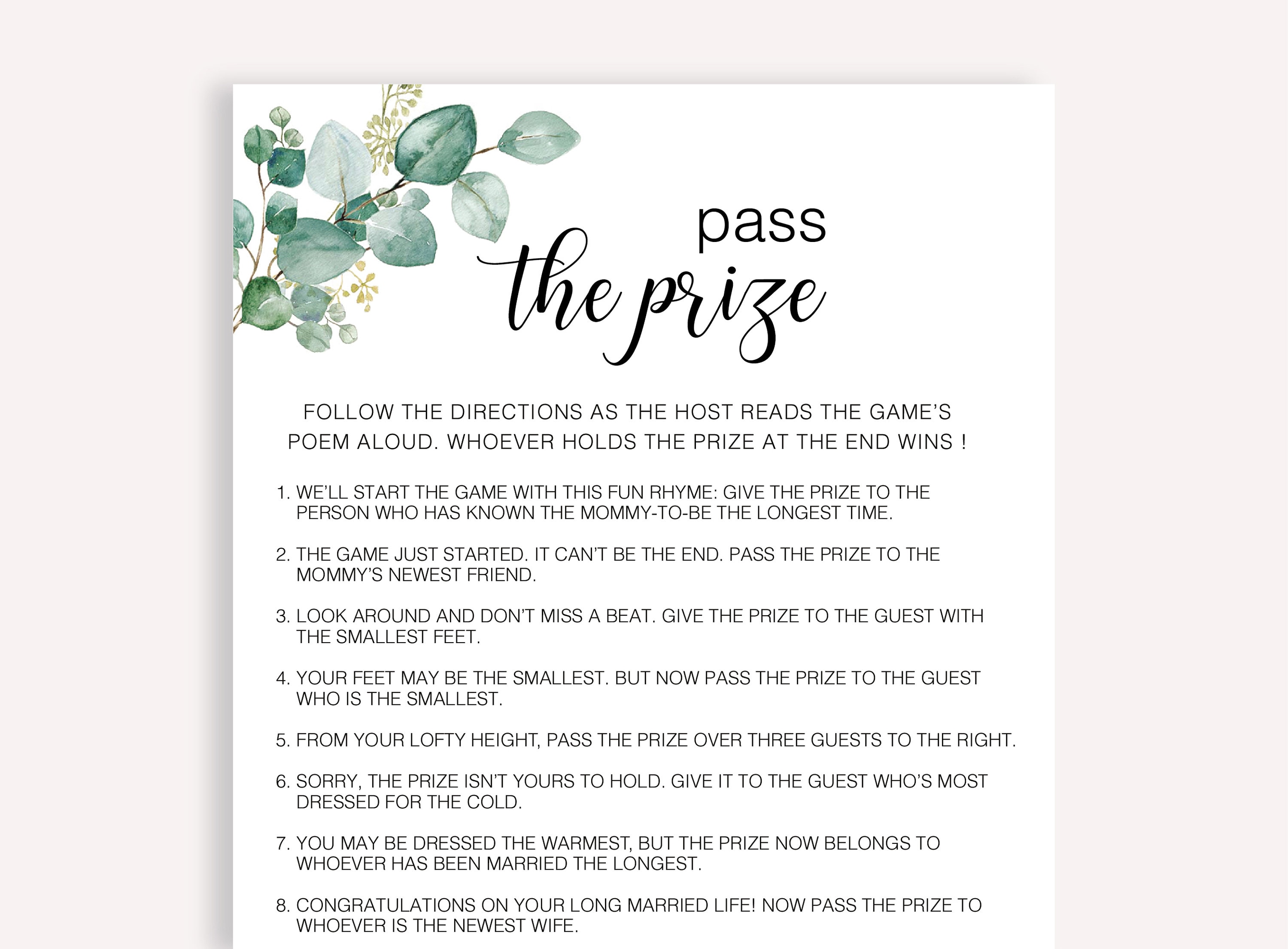 Pass the on sale prize game printable