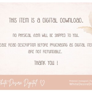Puede incluir: Un aviso de descarga digital con un fondo beige y una imagen decorativa de hierba de la pampa seca. El texto dice: "THIS ITEM is a DIGITAL DOWNLOAD. NO PHYSICAL item WILL BE SHIPPED TO YOU. PLEASE READ DESCRIPTION BEFORE PRUCHASING AS DIGITAL ITEMS ARE NOT REFUNDABLE. THANK YOU! White Desire Digital"