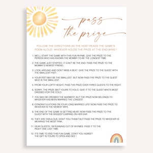 Sunshine Pass The Prize Poem Game, Boho Baby Shower Game, Pass The Parcel Baby Shower Game, minimalistisch, Pass The Prize Rhyme Game, 60 FA