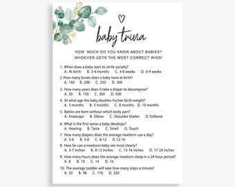 Afdrukbaar babytriviaspel, babyshowergames direct downloaden, klassiek babytriviaspel, babyshowerspel, genderneutrale trivia, 20 FF
