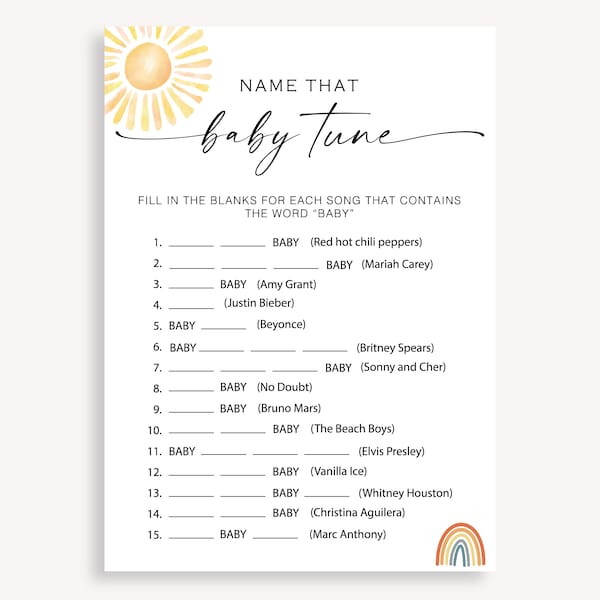 Name That Baby Tune Baby Shower Game, Summer Baby Song Game, Sun Name That Baby Song Game, Baby Tune Game, Sunshine Baby Shower Game 60 FA