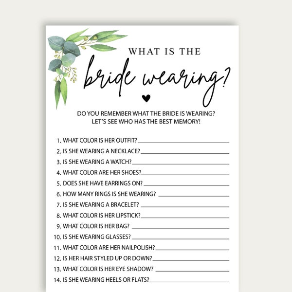 What Is The Bride Wearing Bridal Shower Game, What Color Is Bride Wearing Wedding Shower Game, Instant Download, Digital Printable, 220