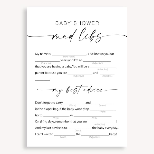 Baby Shower Mad Libs Game, Baby Mad Libs Game, Minimalist Baby Shower Game, Fun Baby Shower, Printable Instant Download Mad Libs Game, 10 FA