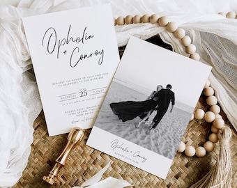 Invito di nozze fotografico, invito di nozze minimalista, invito di nozze elegante, modello di invito di nozze modificabile, bianco e nero, NV KJ 20
