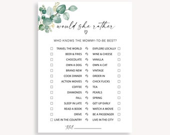 Gender Neutral Printable Baby Shower Game, Baby Shower Would She Rather Game, Would Mommy Rather, Would She Rather Baby Shower Game, 40 FA