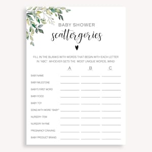 Genderneutraal babyshowerspel, minimalistisch babyshower Scattergories-spel, Instant Scattergories-gamekaart, baby Scattergories-spel, 50 FA