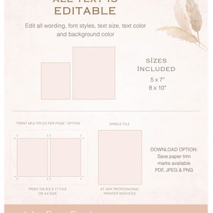 May include: Printable digital template for a 5x7 inch or 8x10 inch printable sign. The sign has a light brown background with a light brown floral design in the top right corner. The text on the sign says "ALL TEXT IS EDITABLE" and "SIZES INCLUDED 5 x 7" 8 x 10".