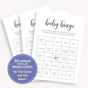 50 cartelle bingo pre-compilate per baby shower, cartelle bingo pre-compilate per baby shower, 50 cartelle bingo uniche, gioco bingo per baby shower, bingo regalo per neonati, 10 FM