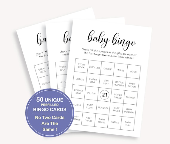 50 Prefilled Baby Shower Bingo Cards, Prefilled Baby Bingo Game Cards, 50 Unique Bingo Cards, Baby Shower Bingo Game, Baby Gift Bingo, 10 FM
