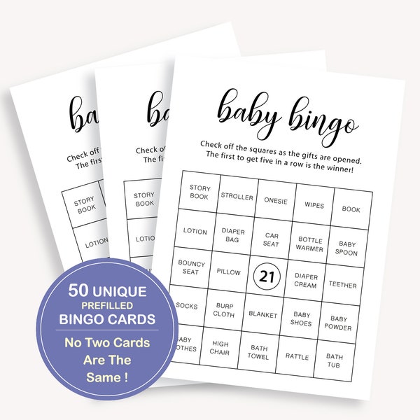 50 Prefilled Baby Shower Bingo Cards, Prefilled Baby Bingo Game Cards, 50 Unique Bingo Cards, Baby Shower Bingo Game, Baby Gift Bingo, 10 FM