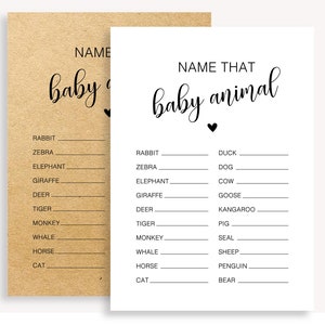 Prénom jeu d'animaux pour baby shower, Prénoms ce bébé, jeux de baby shower imprimables, Cartes de devinettes rustiques avec bébés animaux, Jeu de bébé animal à imprimer, 10 FM
