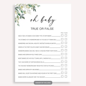 Juego Oh Baby True Or False, tarjetas de juego para baby shower de género neutro, idea imprimible para baby shower, juegos minimalistas de verdadero o falso para baby shower, 50 FA