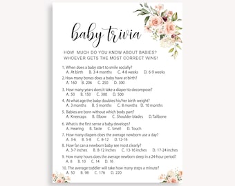 Babytrivia Babyshower-spel, Babyshower-trivia, enkel och ren babyshower, omedelbar digital nedladdning, Tvillingtrivia Blomma Babyspel 30 FM