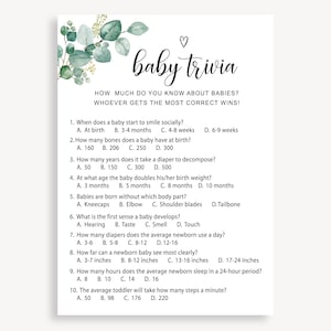 Baby Trivia Baby Shower Game, Baby Shower Trivia Game, Baby Trivia Game, Fun Baby Shower Game, Printable Greenery Shower Party Game, 20 FM