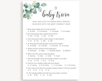 Juego de trivia para baby shower, juego de trivia para baby shower, juego de trivia para bebés, juego divertido para baby shower, juego imprimible para fiesta de baby shower con vegetación, 20 FM