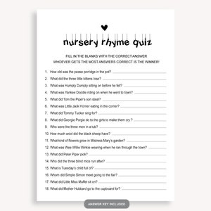 Nursery Rhyme Baby Shower Game, Fill In The Blank Baby Shower, Nursery Rhyme Game, Nursery Rhyme Quiz Game, Guess That Nursery Rhyme, 10 FT