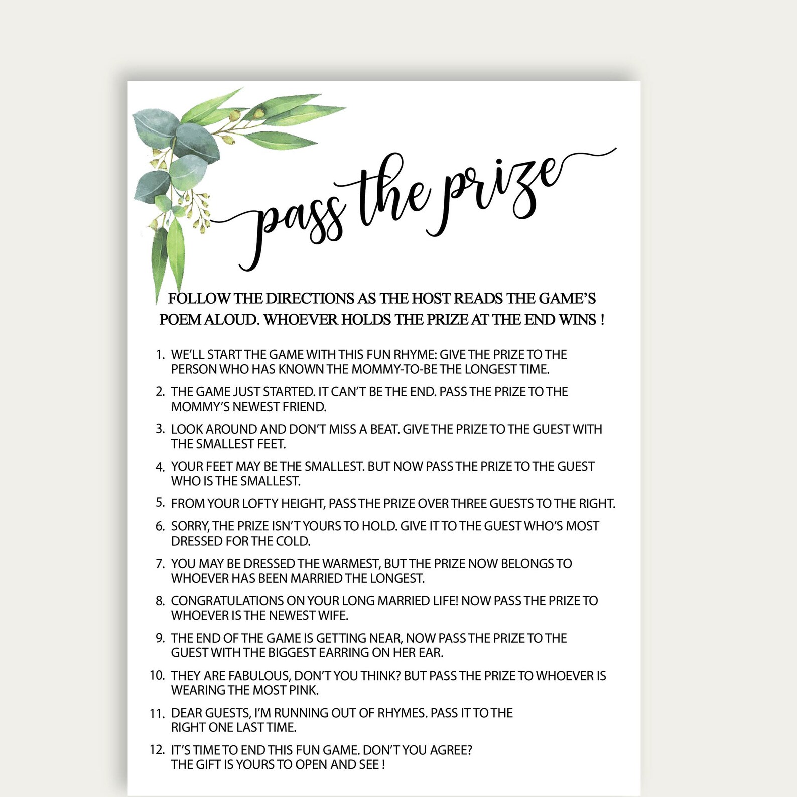 Pass the Prize Game Printable Baby Shower Games Pass the - Etsy