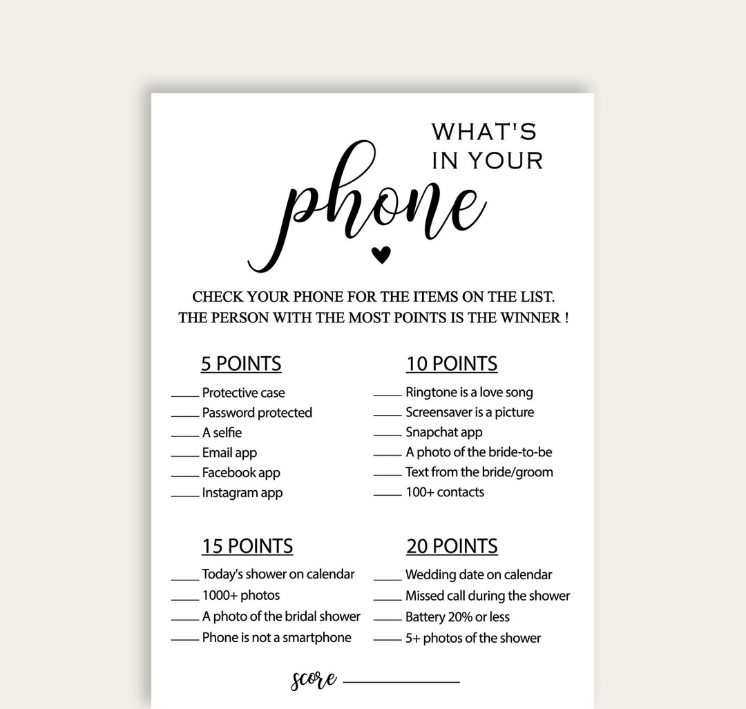 What's in Your Phone Bridal Shower Game, Whats in Your Phone Game