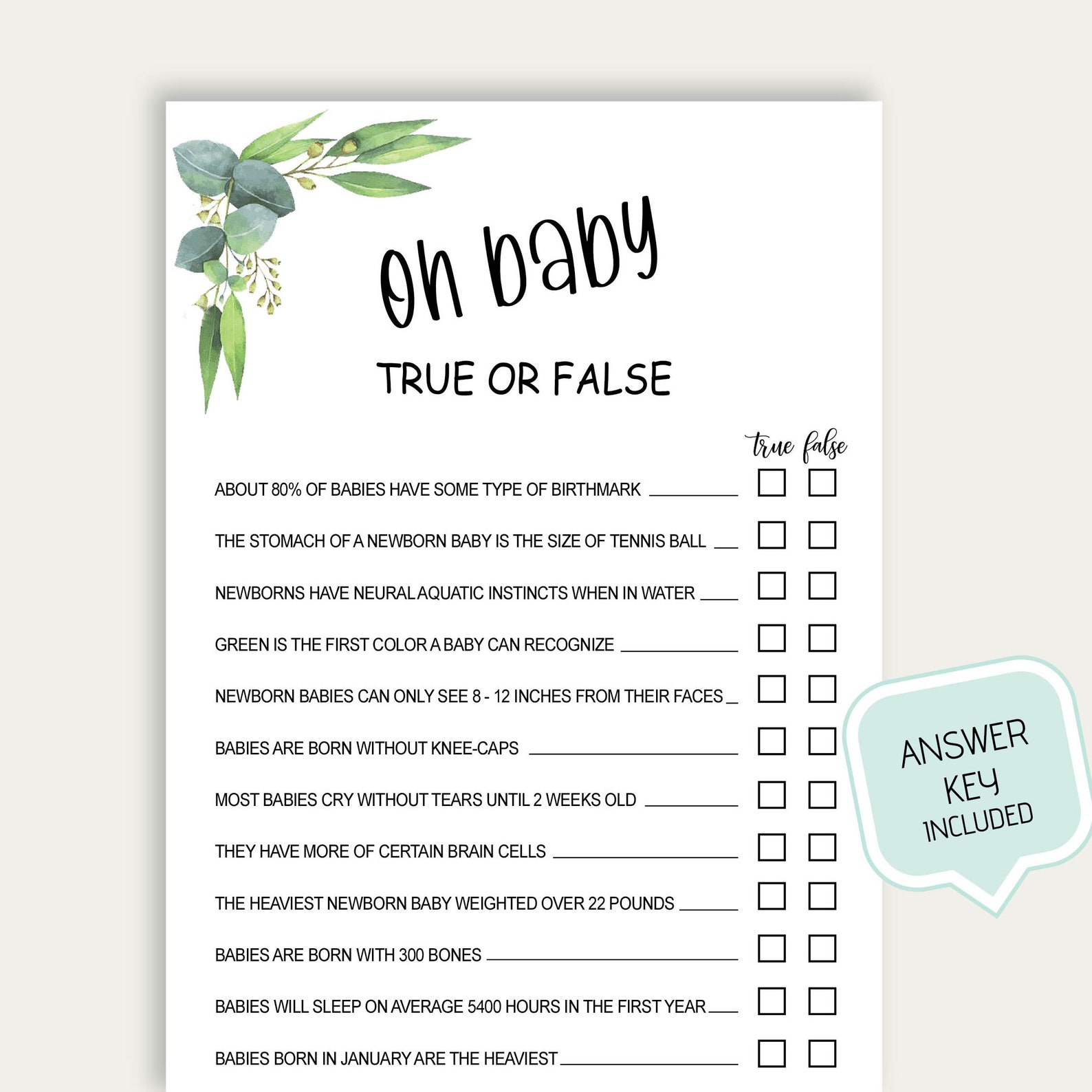 Oh Baby Baby Shower True or False Game Printable Oh Baby True Etsy