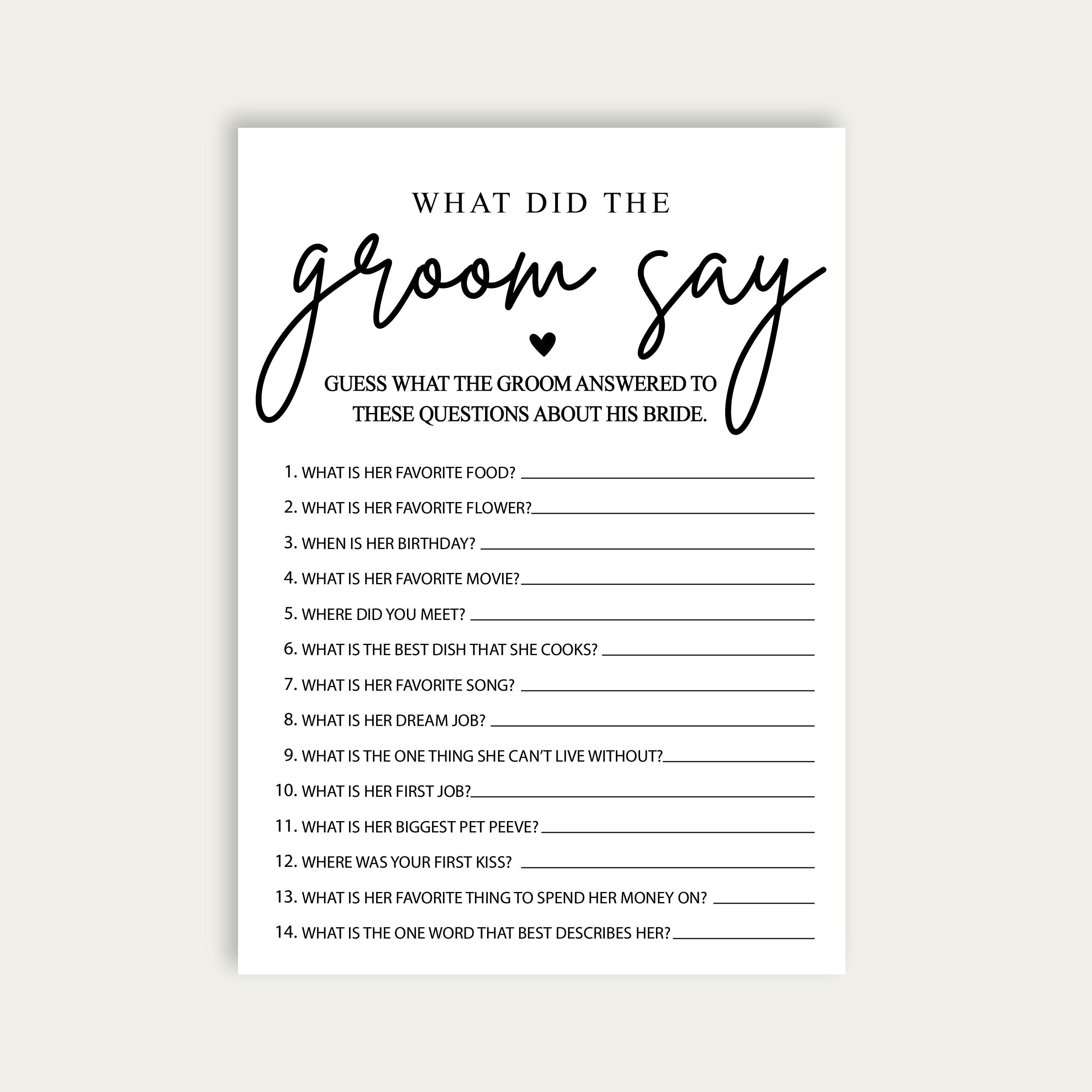 "What Did The Groom Say" Wedding Shower Game Cards - Pack Of 25, 5x7 Inches, Minimalist White