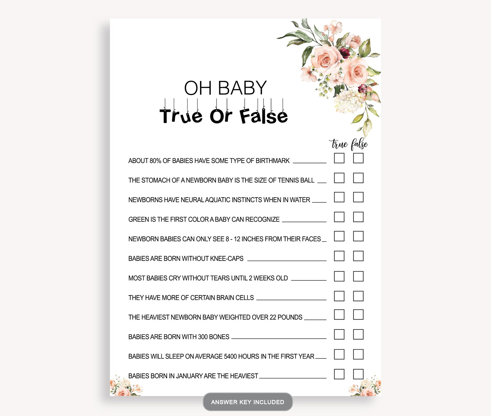 Printable Baby Shower Trivia, True or False Baby Shower Trivia Game