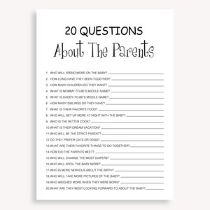 May include: A printable 20 questions game for a baby shower. The questions are about the parents of the baby. The questions are printed in black text on a white background.