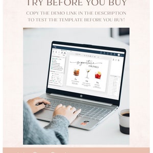 May include: A laptop screen displaying a digital template for a wedding signature drinks sign. The sign features a watercolor illustration of three cocktails with the text "Signature Drinks".