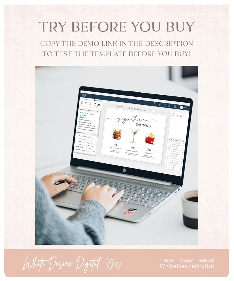 May include: A laptop screen displaying a digital template for a wedding signature drinks sign. The sign features a watercolor illustration of three cocktails with the text "Signature Drinks".
